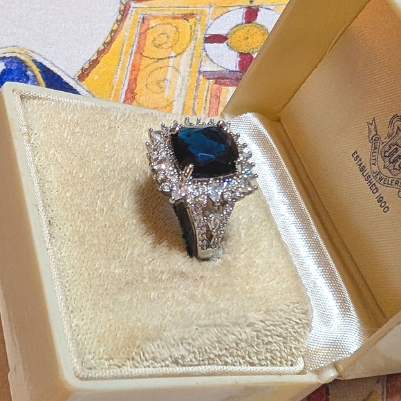 Blue Sapphire and CZ Sterling Silver Ring - Picture 3 of 8